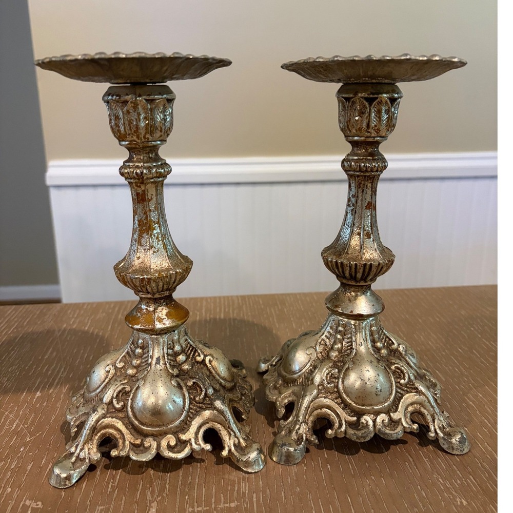 Vintage Ornate Silver Gold Pillar Candle Holders Set of 2 Baroque Scrollwork